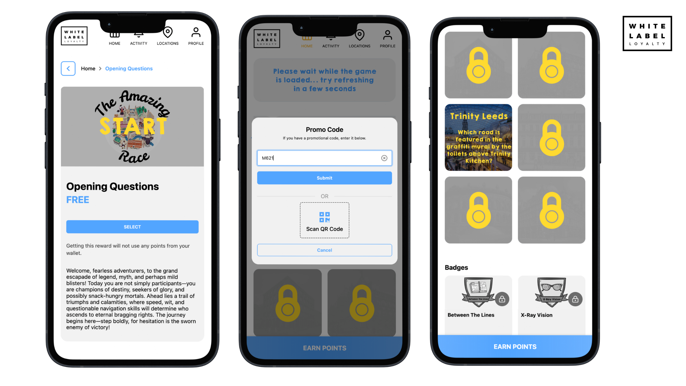 Screenshot of the mobile app showing the “Opening Questions” challenge for The Amazing Race. Players see the challenge title, description, and a “Select” button, giving them a clear entry point into the game — just like entering a reward or mission in a loyalty app.