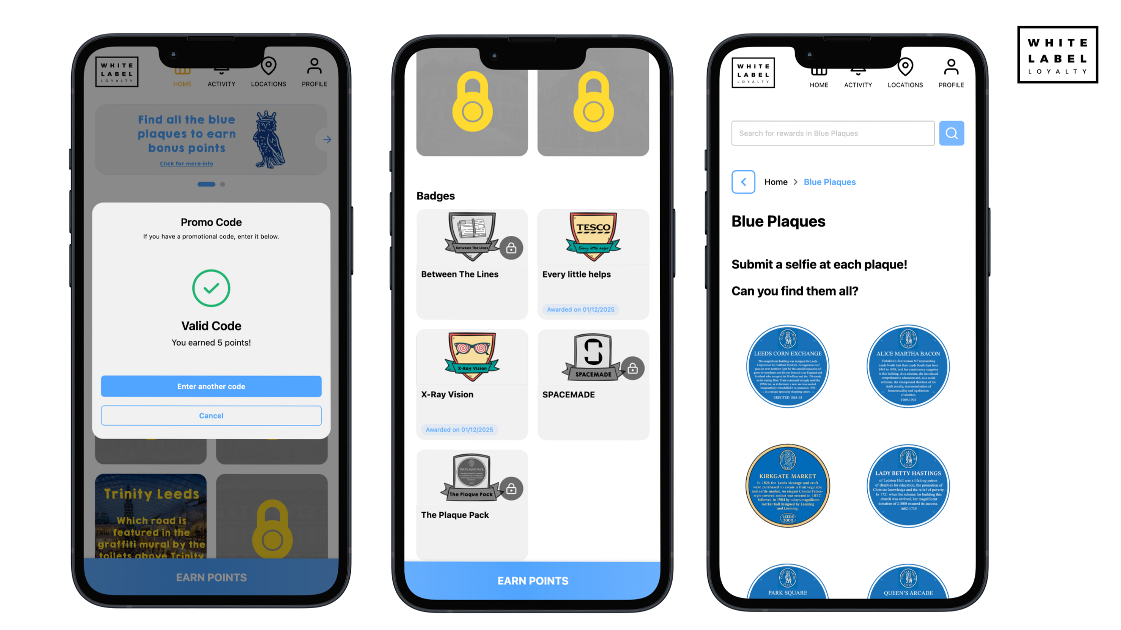 A grid of lock icons with one unlocked clue tile visible (“Trinity Leeds”), representing the progression mechanic of the race. The bottom section shows collectible badges that participants earn for completing tasks, mirroring how loyalty programs use achievements and milestones to boost engagement.