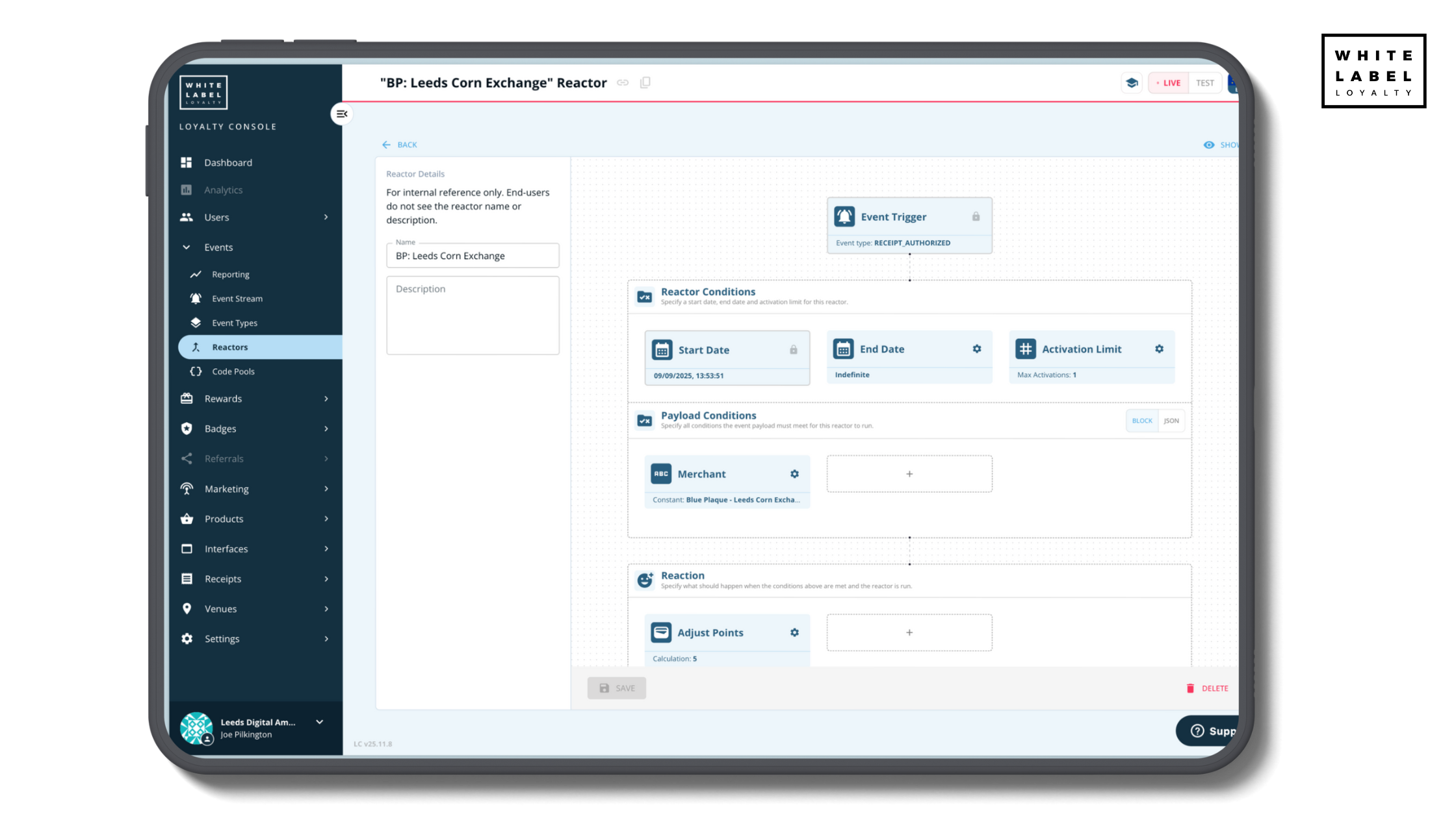 A screenshot of the White Label Loyalty Console’s “Reactor” builder. It shows an event trigger, conditions, merchant payload filters and a reaction that awards points. This interface powers the logic behind the race — the same engine brands use to automate loyalty rewards and real-time customer engagement.