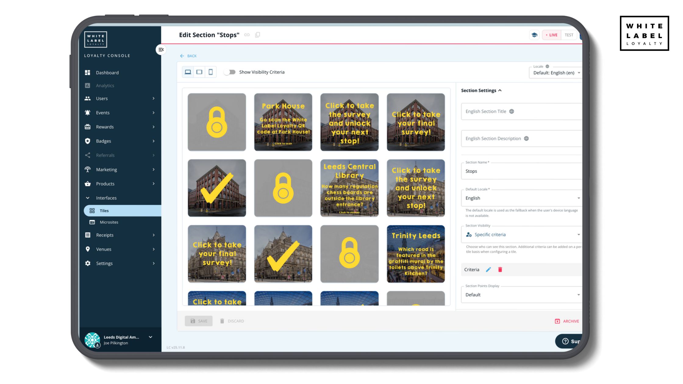 The Loyalty Console’s tile editor, displaying all game “stops” as unlockable tiles. Admins can upload visuals, set visibility rules, add questions, and manage progression. This is the same no-code interface used to build personalised customer journeys in live loyalty programs.