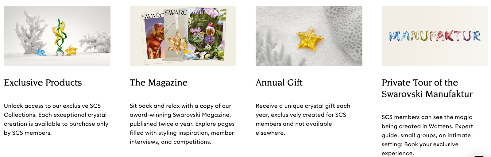 Swarovski Crystal Society jewelry loyalty club with paid membership, limited-edition pieces, gifts, and exclusive events.