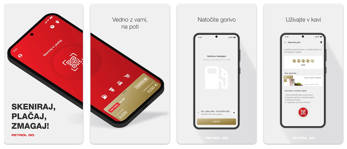 Petrol Pay Visa loyalty app showing card-linked rewards, fuel discounts, and member benefits in Slovenia.