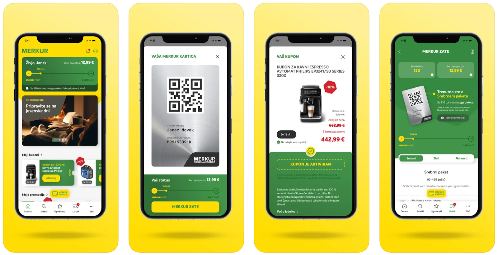 Merkur Trust Card app displaying loyalty points, exclusive offers, and DIY product rewards.