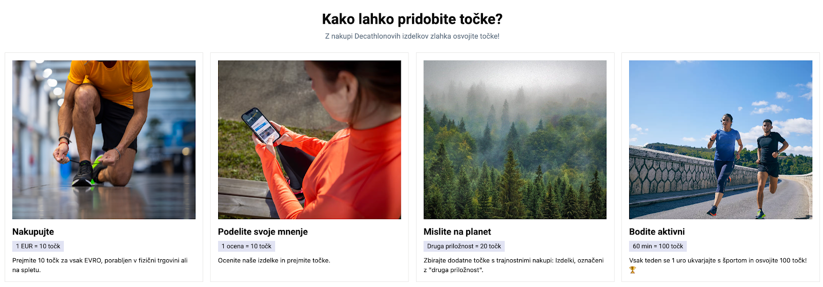 Decathlon Slovenia loyalty app highlighting points earned from purchases and physical activity challenges.