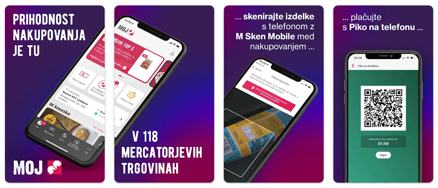 Mercator Pika loyalty app interface with personalized offers and digital Pika card in Slovenia.